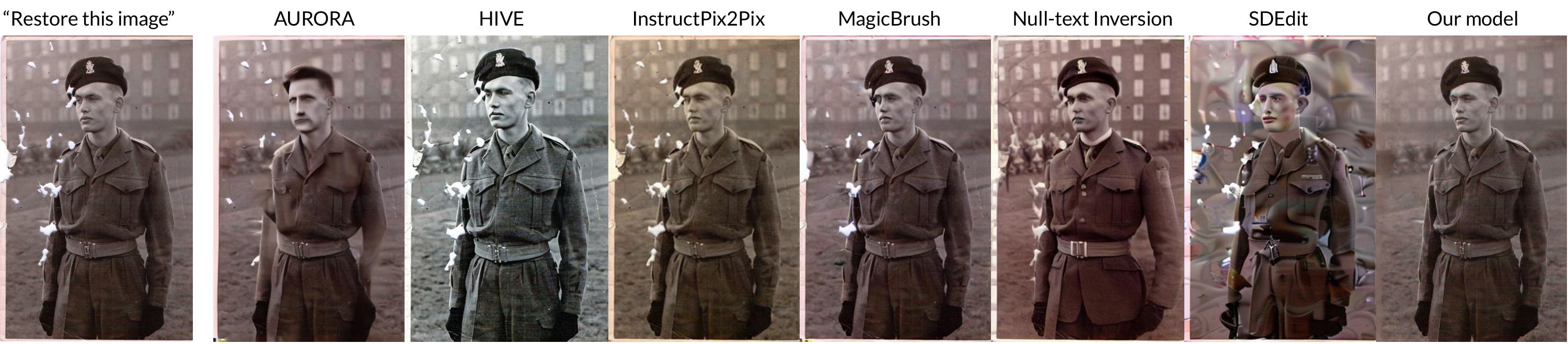 Comparison of baseline and our model on photograph restoration